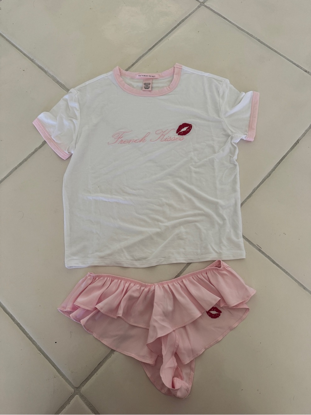 Victoria's Secret White & Pink 'French Kissed' Ringer Tee and Ruffle Panty Set